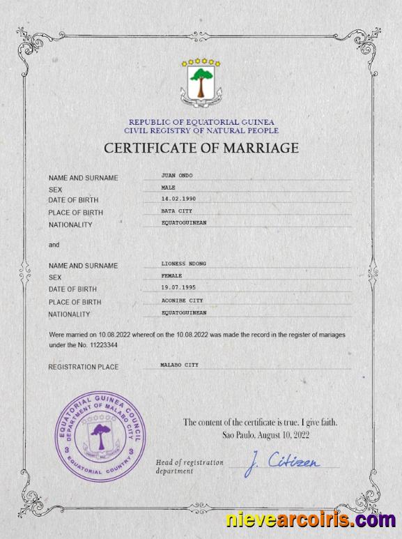 Equatorial Guinea marriage certificate